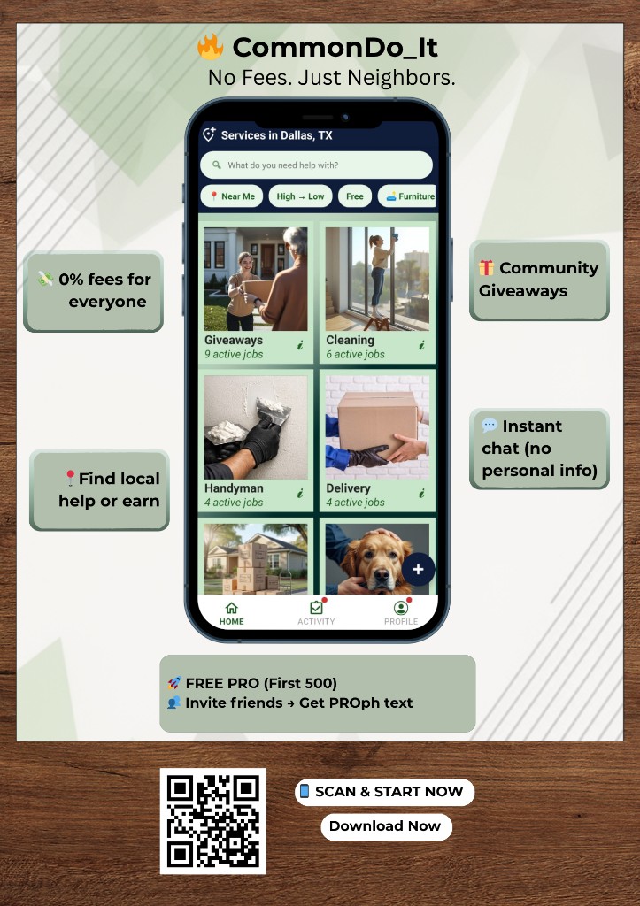 CommonDo_It overview: zero fees, local help, giveaways, in-app chat, and early Free Pro for the first 500 signups.